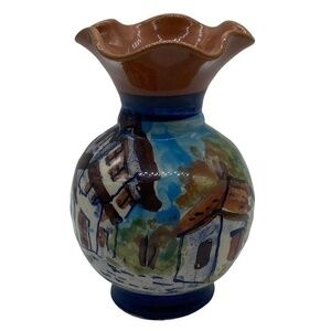 Vintage Mexican Hand Painted Pottery Vase with Ruffle Top Art Deco